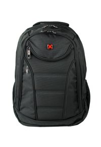 Sac à dos noir avec une surface en tissu texturé, plusieurs compartiments zippés, des bretelles réglables et un petit logo rouge sur le devant.