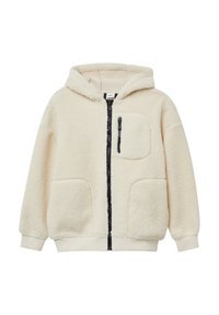 Cremfarbener Fleece-Hoodie mit einem Frontreißverschluss, zwei Seitentaschen, einer Brusttasche und schwarzen Reißverschlussdetails. Weiche Textur im gesamten Kleidungsstück.