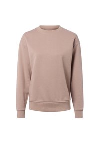 Jasnobeżowa bawełniana bluza z okrągłym dekoltem, z opadającymi ramionami, długimi rękawami oraz ściągaczami na mankietach i u dołu. Gładka tekstura, casualowy styl.