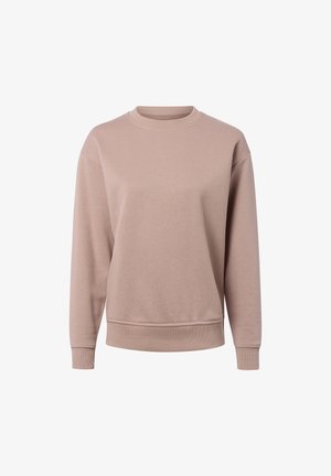 Light beige cotton sweatshirt with a round neck, drop shoulders, long sleeves, and ribbed cuffs and hem. Smooth texture, casual design.