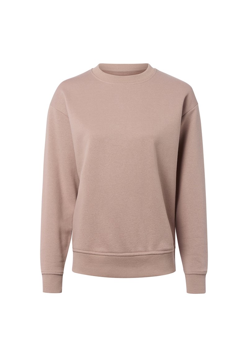 Jasnobeżowa bawełniana bluza z okrągłym dekoltem, z opadającymi ramionami, długimi rękawami oraz ściągaczami na mankietach i u dołu. Gładka tekstura, casualowy styl.