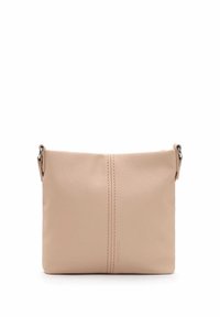 Borsa a tracolla in pelle rosa con una texture liscia, forma rettangolare e dettaglio con cucitura centrale. Presenta piccoli accessori in metallo e una tracolla regolabile.