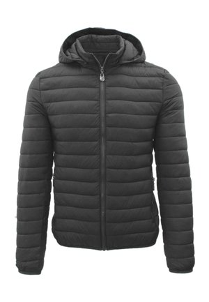 Giacca imbottita trapuntata nera con cappuccio, cerniera anteriore e tasche laterali con cerniera, mostrata su sfondo bianco.