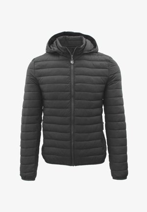 Giacca imbottita trapuntata nera con cappuccio, cerniera anteriore e tasche laterali con cerniera, mostrata su sfondo bianco.