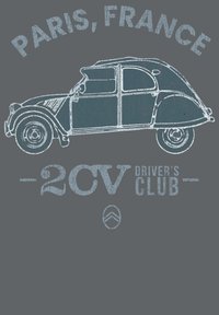 Ilustrace automobilu Citroën 2CV v světle modré barvě na tmavě šedém pozadí, s texty "Paříž, Francie" a "KLUB ŘIDIČŮ 2CV" v vintage stylu.