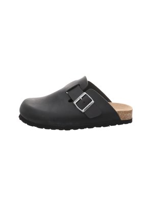 Schwarzer Slip-On Clog mit abgerundetem Zehenbereich, verstellbarem Schnallenriemen, Kork-Fußbett und schwarzer strukturierter Sohle.