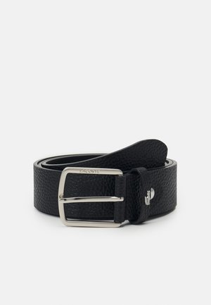 Black leather belt with a textured finish, featuring a silver metal buckle and subtle brand detailing.