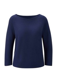 Marineblauer Strickpullover mit weitem Ausschnitt, 3/4-Ärmeln und lockerer Passform. Verfügt über eine glatte, weiche Textur mit minimalen Nähten.