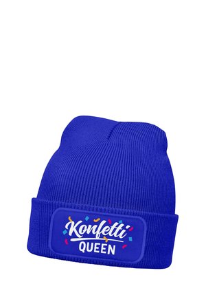 Blue knitted beanie with a folded cuff featuring a patch that reads "Konfetti Queen" surrounded by colorful confetti shapes.