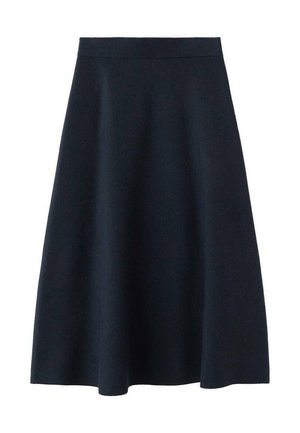 Una falda midi de color azul marino oscuro, hecha de una tela suave, con una cintura ajustada y una forma acampanada, sin patrones ni adornos visibles.