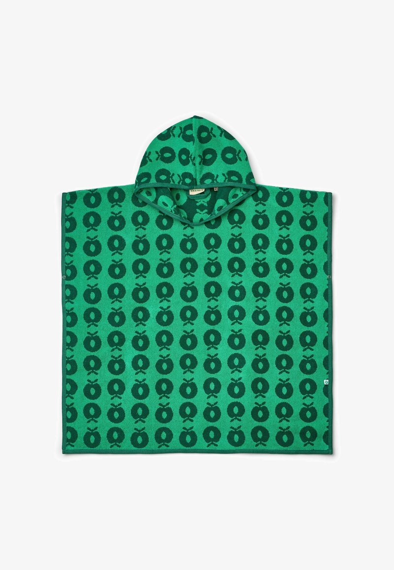 Žalias su gobtuvu rankšluosčių pončas su tamsiai žaliais apvaliais vaisių raštais, ant balto fono.