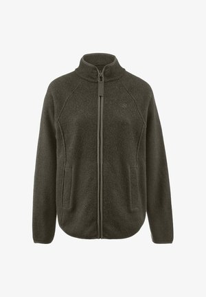 Fleecejacke in dunkelolivgrün mit hohem Kragen, durchgehendem Reißverschluss und Seitentaschen; weicher Stoff mit Raglanärmeln.