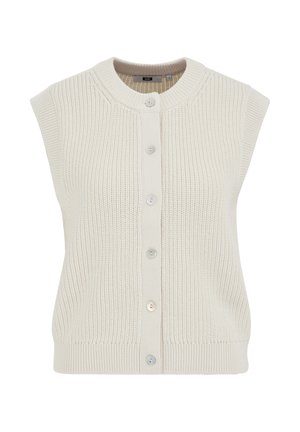 Ärmellose cremefarbene Strickweste mit geripptem Rundhalsausschnitt, vorderer Knopfleiste und strukturiertem vertikalem Rippenmuster.