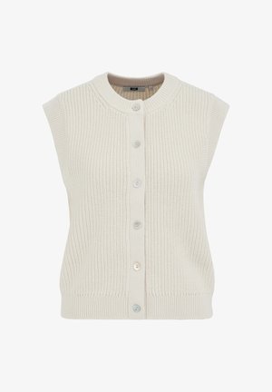 Bez rukávov krémová pletená vesta na gombíky s rebrovaným okrúhlym výstrihom a štruktúrovaným vertikálnym rebrovaným vzorom.