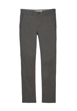 Graue Baumwoll-Chinos mit einem geraden Bein, seitlichen Einschubtaschen und einem Knopfverschluss. Merkmale: glatte Textur und dezente Nähte.