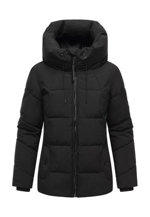 Mustahdud mustar puffer jacket zwart met een hoge kraag en een trekkoord capuchon, voorzien van een rits aan de voorkant en zijzakken, gemaakt van gestikte stof.