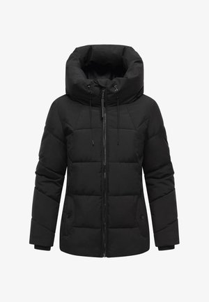 Zwarte gewatteerde jas met een hoge kraag en trekkoordcapuchon, voorzien van een rits aan de voorkant en zijzakken, gemaakt van gewatteerde stof.