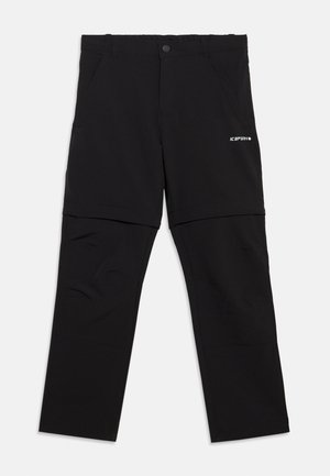 Pantalon de plein air noir convertible avec jambes amovibles zippées, poches avant, fermeture par bouton et fermeture éclair, et petit logo ICEPEAK blanc sur la cuisse droite.