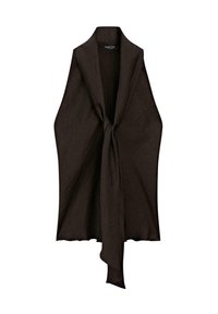 Dunkelbrauner Wickel mit strukturierter Oberfläche, der ein Vorderknotendesign aufweist. Dieses Kleidungsstück fällt elegant, hat offene Seiten und einen breiten Kragen.