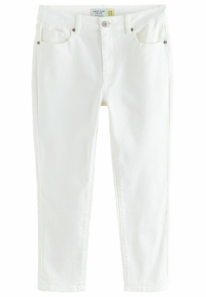 Witte slim jeans van denim. Heeft een middelhoge taille, vijf zakken en metalen accenten. Gladde textuur met verstevigde naden.
