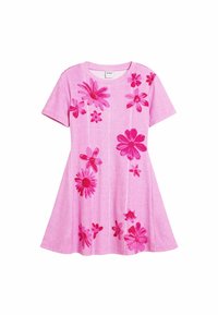 Rosa Kurzarmkleid mit Blumenstickerei in verschiedenen Rosatönen. A-Linien-Form mit weicher Textur und Rundhalsausschnitt.