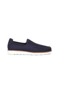 Mornarske slip-on cipele s prozračnom mrežastom gornjom stranom, bijelim gumeni potplat, smeškim detaljima i šivanim obrubima.