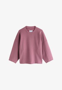 Sudadera rosa con cuello redondo, mangas largas con caída de hombros y un ajuste relajado. Hecha de un tejido suave y texturizado.