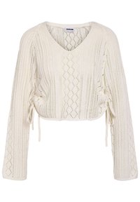 Vit kortärmad tröja i stickad tyg, med V-ringning, långa ärmar och diamantmönster samt justerbara sidoknytningar.