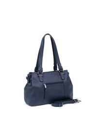 Marineblauwe neplederen handtas met dubbele handvatten, een afneembare schouderriem en een voorste ritszak. Glad textuur met accentstiksels.