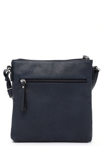 Navy blue leather crossbody bag with textured surface, top zip closure, and a front zip pocket. Adjustable strap with silver-tone hardware.