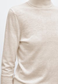 Beige gebreide trui met een hoge hals, nauwsluitende lange mouwen en een gladde textuur; beschikt over subtiele stiksels langs de schoudernaad.