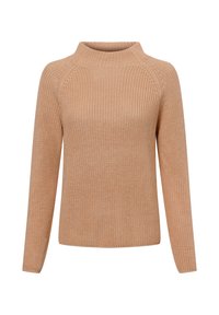 Beige gebreide trui met een hoge hals, lange raglanmouwen, ribbelstructuur en een relaxed fit. Gemaakt van een zachte, lichte stof.
