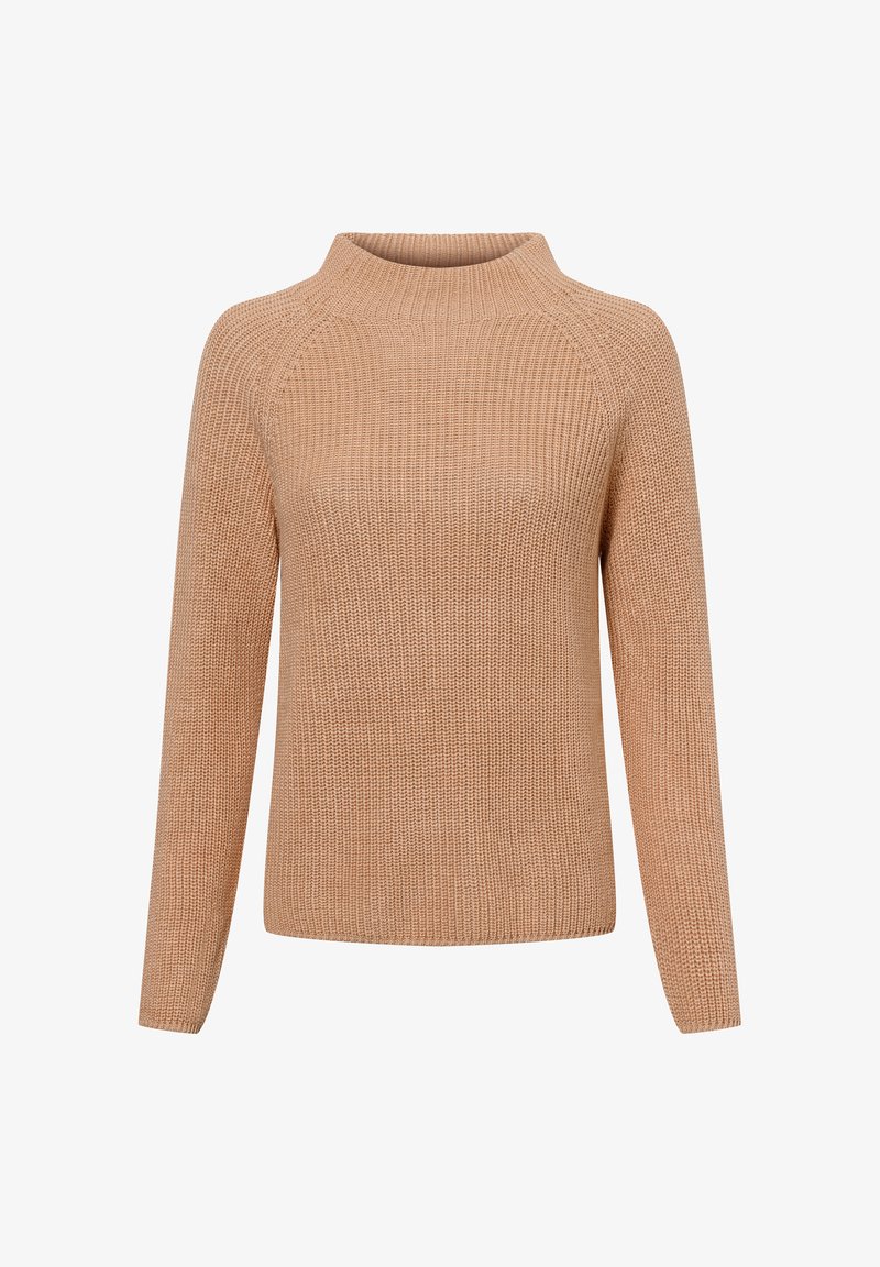 Beige gebreide trui met een hoge hals, lange raglanmouwen, ribbelstructuur en een relaxed fit. Gemaakt van een zachte, lichte stof.