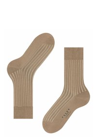 Beige stribede sokker med en blød tekstur og ribbet design. Materialerne giver komfort og har en forstærket kant og tå for holdbarhed.