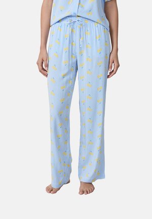 Lightweight cotton pajama pants, blue with white stripes, featuring yellow flower patterns. Elastic waistband with drawstring. Straight-leg fit.