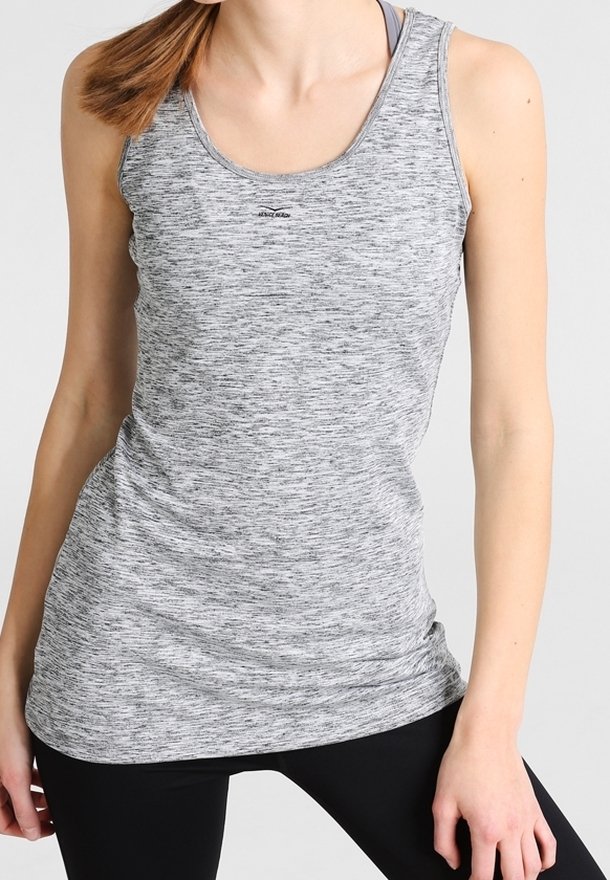 Graues sportliches Tanktop mit meliertem Design, Rundhalsausschnitt und schmaler Passform. Leichtes Material, das sich hervorragend für aktive Kleidung eignet.