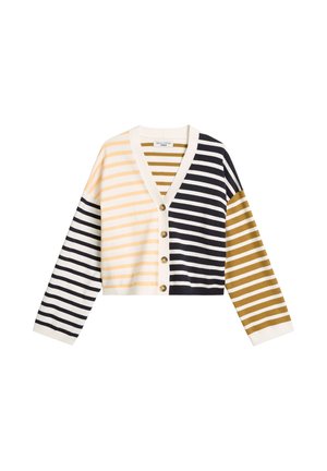 Gestreepte cardigan met een V-hals, lange mouwen en knoopsluiting aan de voorkant. Kleuren: marineblauw, okergeel, crème en lichtgeel. Kort model.