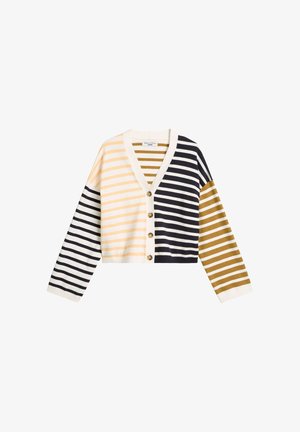 Gestreepte cardigan met een V-hals, lange mouwen en knoopsluiting aan de voorkant. Kleuren: marineblauw, okergeel, crème en lichtgeel. Kort model.