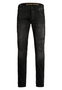 Černé slim-fit džíny s mírnými oděrkami a vyblednutím, značky "JACK & JONES" uvnitř pasu.