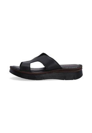 Black leather slide sandal with open toe design, textured strap, thick brown woven accent, and cushioned black sole.