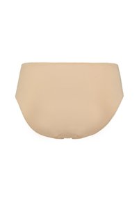 Beige nahtlose Unterwäsche mit glatter Textur, umfassendem Design und elastischem Taillenbund. Keine sichtbaren Nähte oder Muster.
