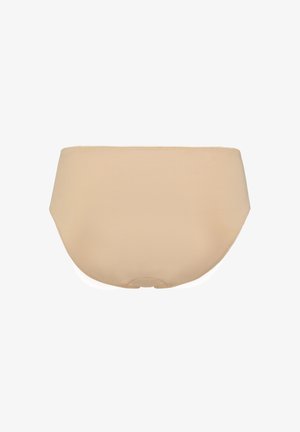 Beige naadloze onderkleding met een zachte textuur, ontwerp met volledige dekking en een elastische tailleband. Geen zichtbare naden of patronen.
