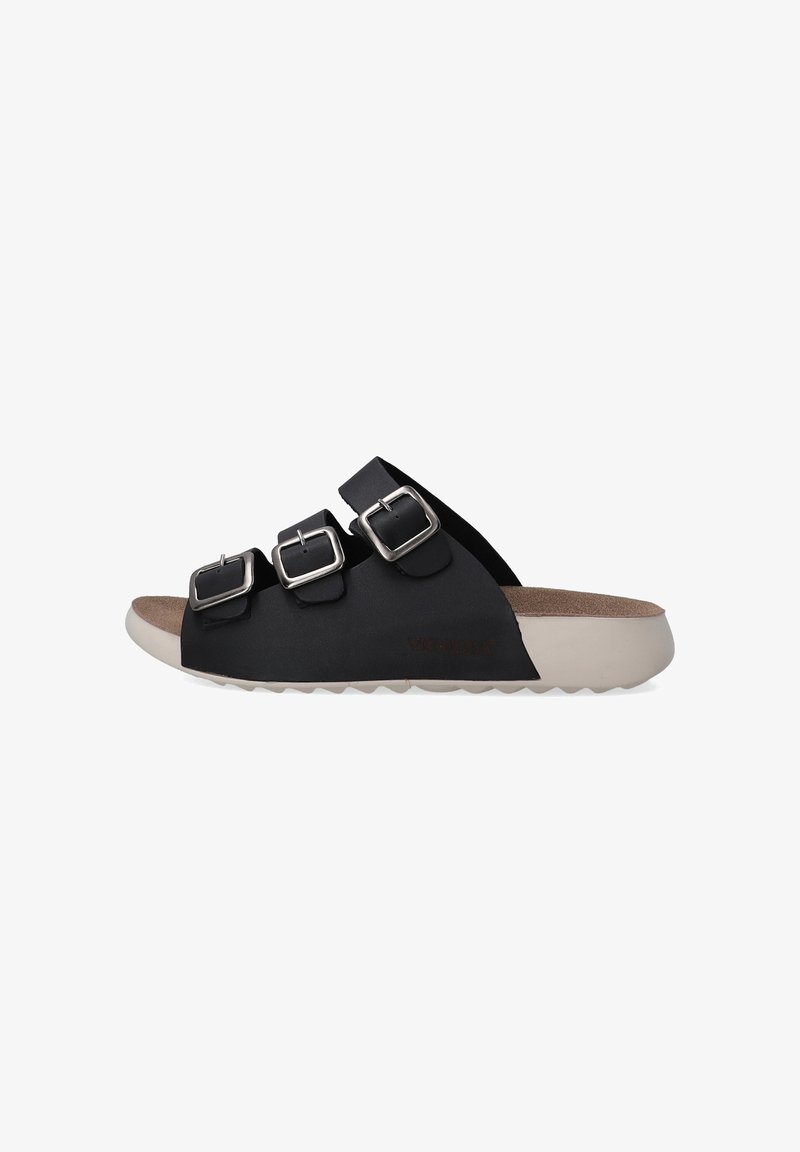 Black slide sandals with three adjustable silver buckles, a soft cork footbed, and a light rubber sole with a textured grip pattern.