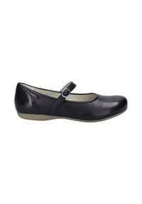 Ballerines en cuir noir avec un bout rond, une sangle latérale avec une boucle en argent, et une semelle beige texturée et basse.