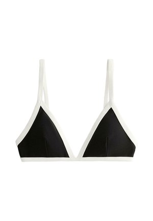 Black triangle bralette with white trim, featuring adjustable straps and a smooth texture. No padding, minimalistic design.