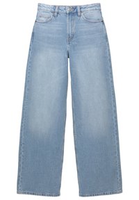Jean denim bleu clair à jambes larges avec boutons à l'avant, passants pour ceinture et cinq poches, présenté sur fond blanc.