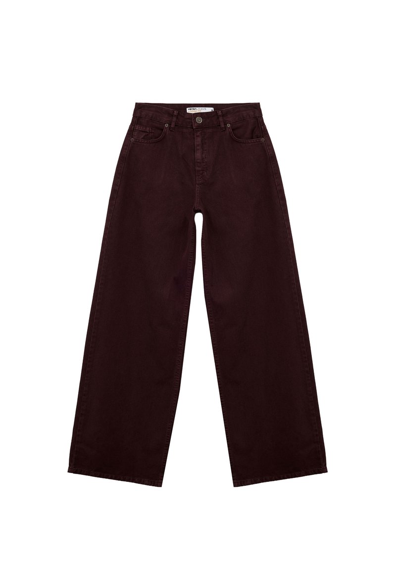Bordeaux brede pijpen jeans van katoenen denim met een klassiek vijf-pocketontwerp en riemlussen, voorzien van een ritssluiting en knoopsluiting.