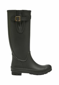 Črne gumijaste škornje za dež z visokim dizajnom, ki vključujejo dekorativen spona in strukturirano podplati za boljši oprijem.