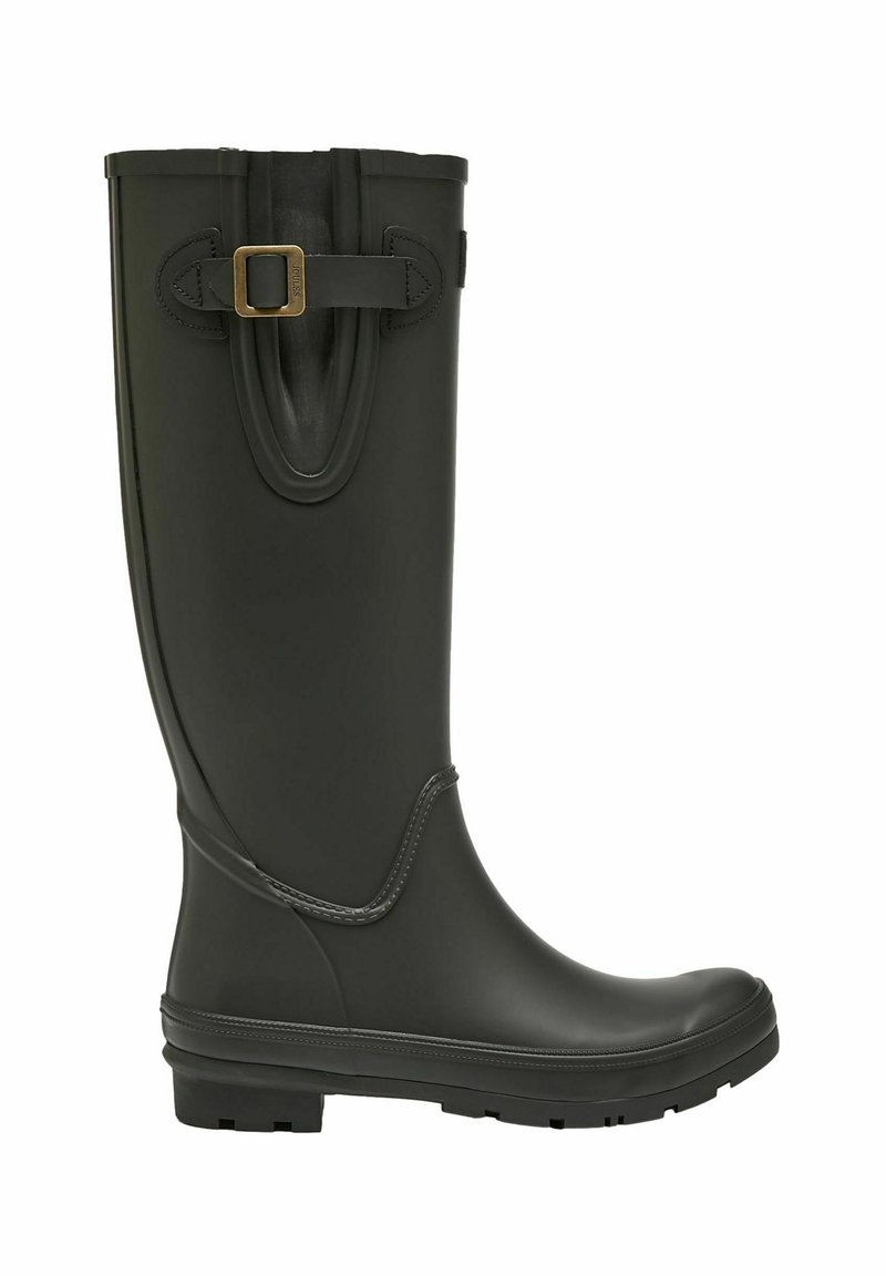 Črne gumijaste škornje za dež z visokim dizajnom, ki vključujejo dekorativen spona in strukturirano podplati za boljši oprijem.