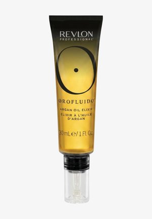 Tube van Revlon Professional Orofluido Argan Oil Elixir haarbehandeling met zwarte dop en transparante pompdispenser met een inhoud van 30 ml.